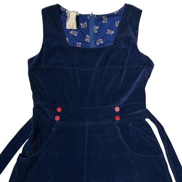 70s vintage navy blue corduroy dress midi pockets sleeveless cottage prep twee. - Picture 2 of 8